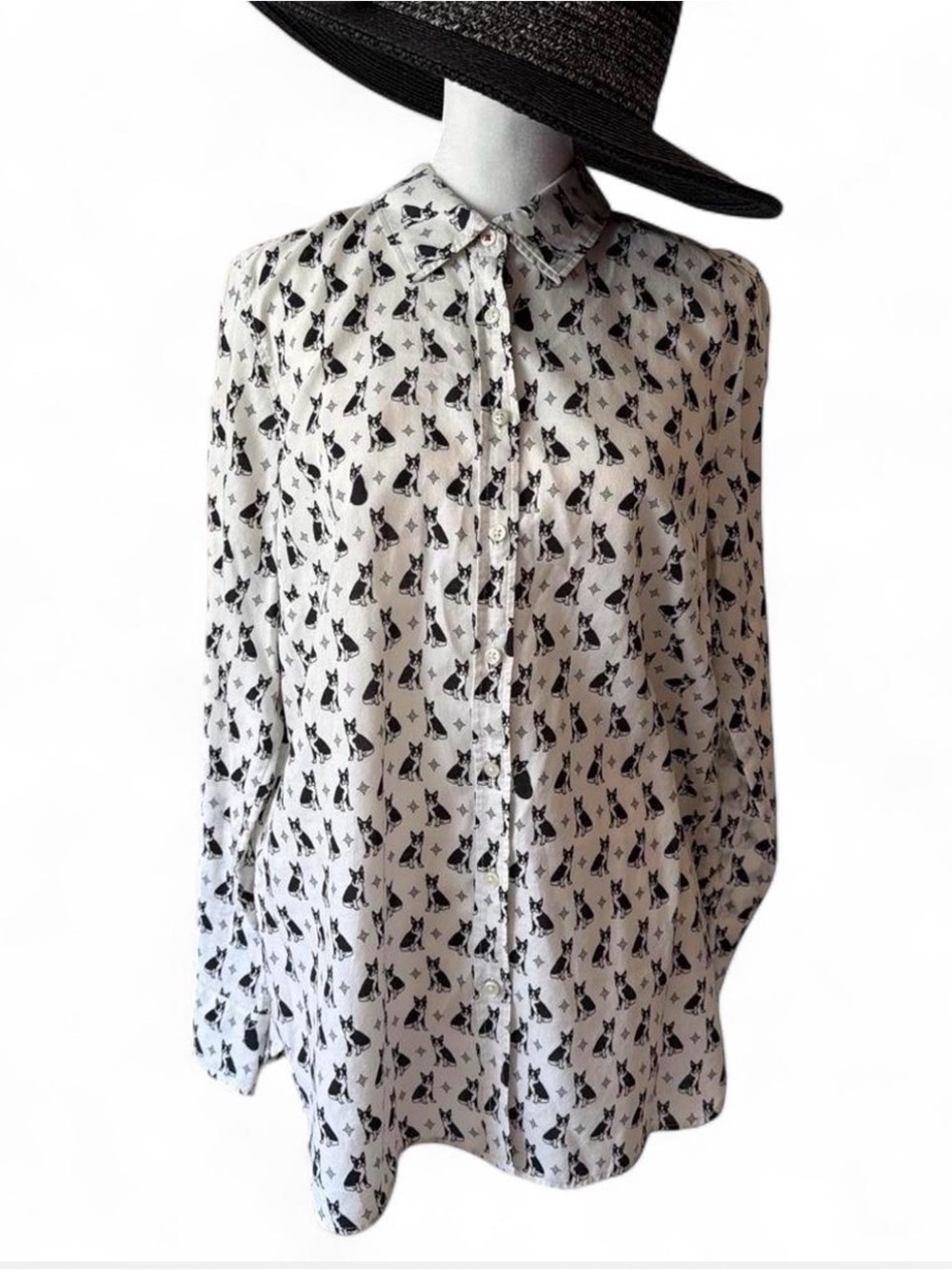 Talbots black and white Boston Terrier print  tailored blouse. Size Medium